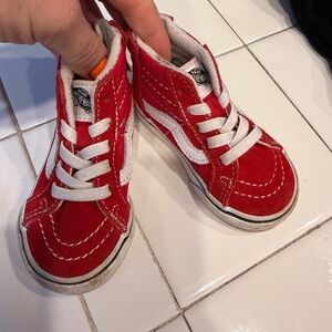 Vans Kids Red High-Top Suede Sneakers with White Side Stripe